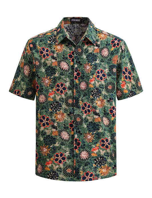 Floral Hawaiian Shirt for Men - Tropical Short Sleeve Button Down Shirts, Retro Cotton Casual Shirt for Summer