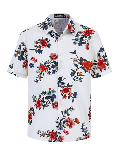 Mens Cotton Hawaiian Shirt - Casual Short Sleeve Button Down Shirts, Tropical Floral Shirt for Summer Vacation
