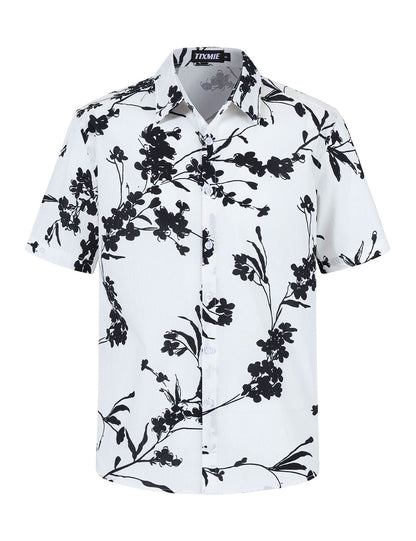 Mens Cotton Hawaiian Shirt - Casual Short Sleeve Button Down Shirts, Tropical Floral Shirt for Summer Vacation