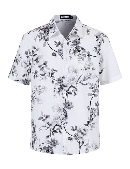 Mens Cotton Hawaiian Shirt - Casual Short Sleeve Button Down Shirts, Tropical Floral Shirt for Summer Vacation