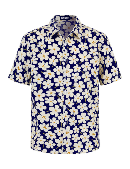 Mens Cotton Hawaiian Shirt - Casual Short Sleeve Button Down Shirts, Tropical Floral Shirt for Summer Vacation