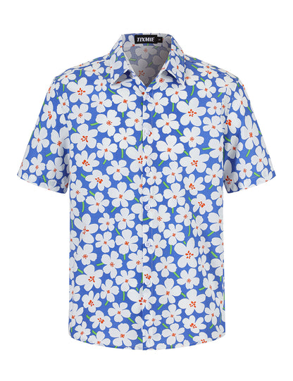Mens Cotton Hawaiian Shirt - Casual Short Sleeve Button Down Shirts, Tropical Floral Shirt for Summer Vacation