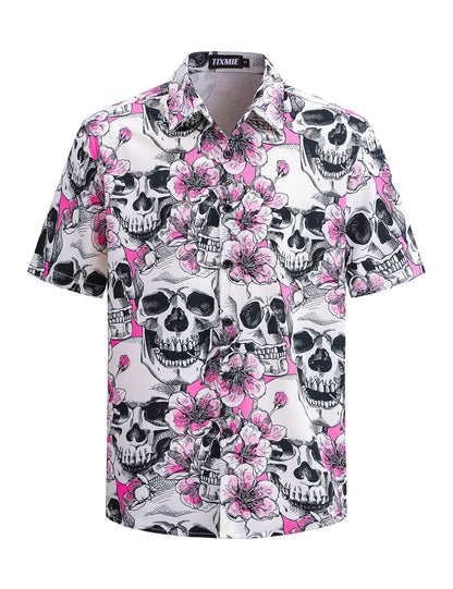 Funny Hawaiian Shirt for Men - Skull Floral Short Sleeve Button Down Shirts, Punk Rock Casual Shirt for Summer