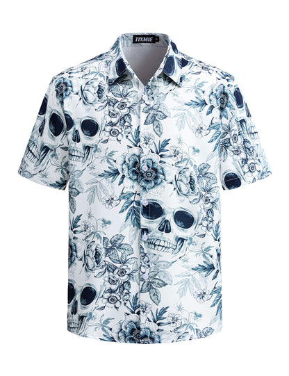 Funny Hawaiian Shirt for Men - Skull Floral Short Sleeve Button Down Shirts, Punk Rock Casual Shirt for Summer