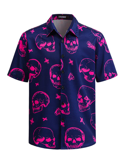 Funny Hawaiian Shirt for Men - Skull Floral Short Sleeve Button Down Shirts, Punk Rock Casual Shirt for Summer