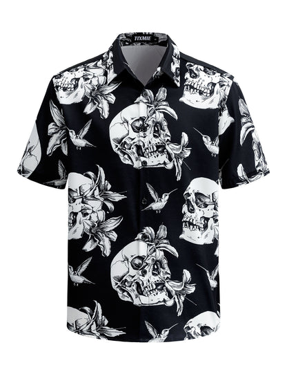 Funny Hawaiian Shirt for Men - Skull Floral Short Sleeve Button Down Shirts, Punk Rock Casual Shirt for Summer