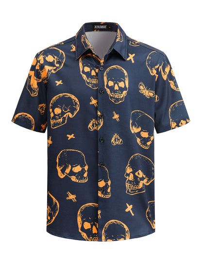 Funny Hawaiian Shirt for Men - Skull Floral Short Sleeve Button Down Shirts, Punk Rock Casual Shirt for Summer